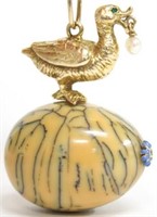 Pendant of 12K Gold Duck w. Pearl on Jasper Egg