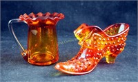 Vintage Fenton Amberina Glass Shoe & Pitcher