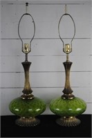 Pair of Mid Century Green & Brass Lamps