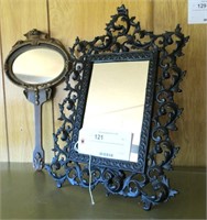 Lot, 16" framed dresser mirror and 14" hand