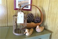 Lot, 13.5" bird cage, 15" basket with assorted