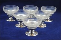 6 Etched Glass Sherbet w/ Sterling Bases