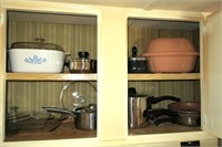Lot, kitchen cabinet contents, assorted pots, pans
