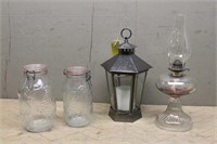Oil Lamp,  (2)Jars and Candle Lantern