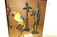 Lot, 12.5" metal parrot, 15" jazz metal statue,