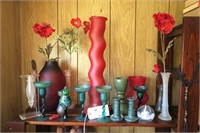 Lot, assorted vases, candle holders, and glass