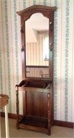 Vintage Solid Oak Hall Tree Stand w/ Mirror - 6A