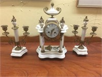 3 Piece French 19th C. white marble clock set with