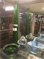 2 X POTTERY BASKETS, GREEN BOTTLE & ART GLASS BOWL