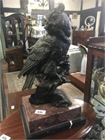 BRONZE OWL ON RED MARBLE BASE
