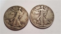 (Two) 1939 Walking Liberty Half Dollars