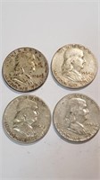 (Four) 1954 Franklin Half Dollars
