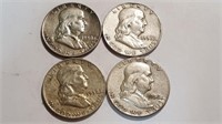 (Four) 1958 Franklin Half Dollars