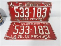 2 Plaques d'immatriculation Québec 1972