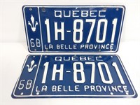 2 Plaques d'immatriculation Québec 1968