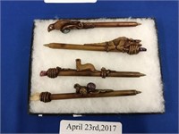 FOUR UNIQUE CARVED WOOD WRITING PENS WITH ANIMAL