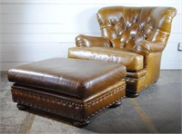 Henredon Tufted Leather Club Chair & Ottoman