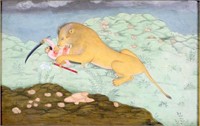 INDIAN WATERCOLOR PAINTING OF LION ATTACK