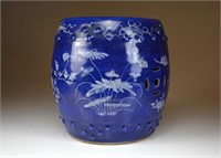 CHINESE BLUE & WHITE SLIP GLAZED GARDEN STOOL