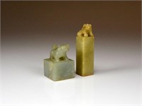 TWO CARVED JADE AND SOAPSTONE SEALS
