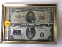 FRAMED 1953 RED SEAL $5. US NOTE & 1976 GREEN SEAL