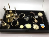 TRAY WITH BELLS, POCKET WATCHES & WRIST WATCHES -