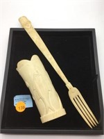 2 PC - HAND CARVED BONE WITH FISH & LEAVES & LONG