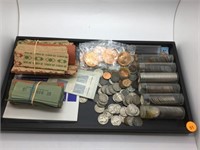 TRAY WITH TUBES OF NICKELS, DIMES, CENTS, COIN WRA