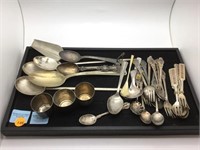 TRAY LOT - FORKS, SPOONS, SHOT CUPS, SHOE HORN & M
