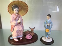LOT OF ASIAN FIGURINES, DEER, FLOWERS ON WOODEN ST