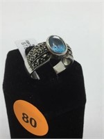 STERLING SILVER RING WITH MARCASITE & BLUE TOPAZ G