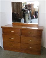 Mid Century 6 Drawer Wood Dresser w/Beveled Mirror