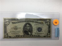 1953-A BLUE SEAL $5. SILVER CERTIFICATE