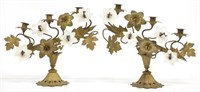 Pair of Floriform Brass & Opaline Glass Candelabra