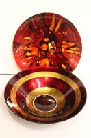 Red & Gold Art Glass Platter & Bowl