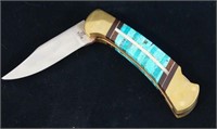 US Buck Knife Turquoise Inlaid by Dave Yellowhorse