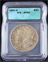 Morgan Silver Dollar 1891 S AU 50