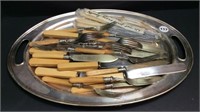 SILVER PLATE TRAY AND IVORY HANDLE FLATWARE