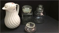 2 GLASS LIDDED JARS, WHITE THERMOS