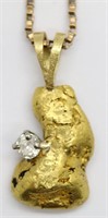 Gold Nugget w/Diamond on 23" 14K Gold Necklace