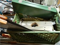 GREEN CRATE FULL OF SAWS, TOOLS AND MORE