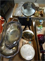 VINTAGE MAGINIFYING GLASS, SILVERPLATE TRAYS