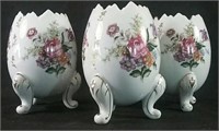 Ornate three ceramic eggs 6"H
