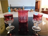 Red Etched Glass Vase and Goblets