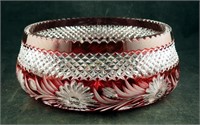 Czechoslovakia Red White Crystal Glass Bowl 11"