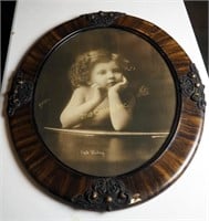 Antique Cupid Waiting Print In Oval Wood Frame