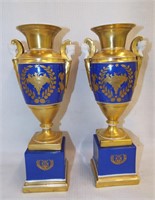 Pair Of Porcelain Blue & Gilt Urns
