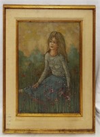 Hugo Casar Oil On Canvas Of Girl In Flower Meadow