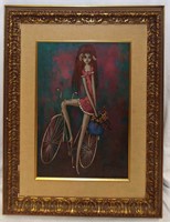 Hugo Casar Oil On Canvas, Girl With Bicycle