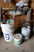 BUCKET, 2 SNOW BRUSHES, SPRAYER, RAT POISON